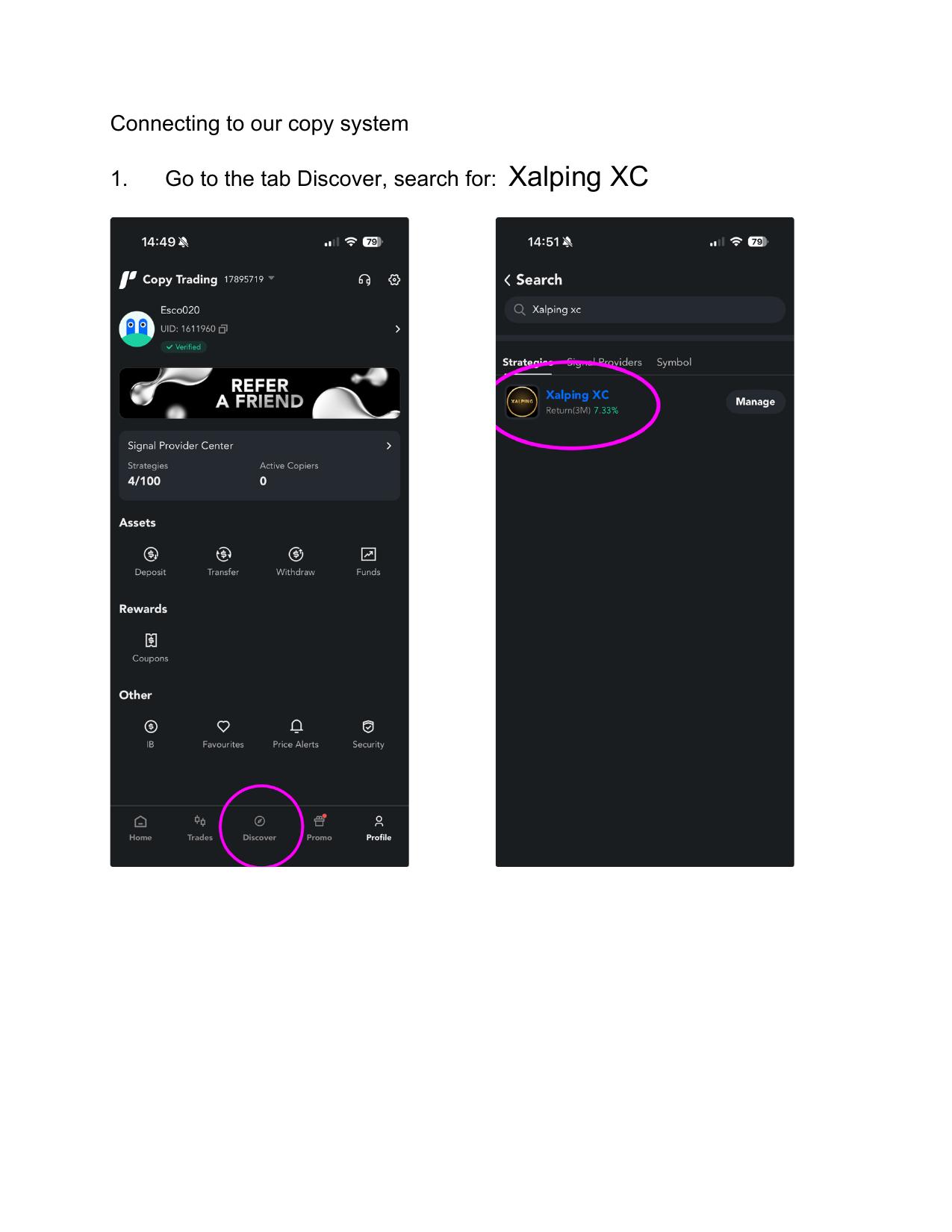 PU Prime Discover screen showing how to search for Xalping XC
